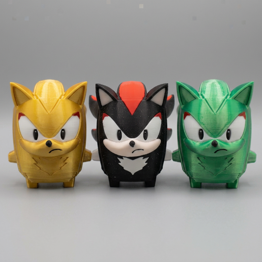 Three cartoon-style plush toy figures resembling a fox-like character in yellow, black-and-white with a red top, and green, arranged side by side on a light gray background.