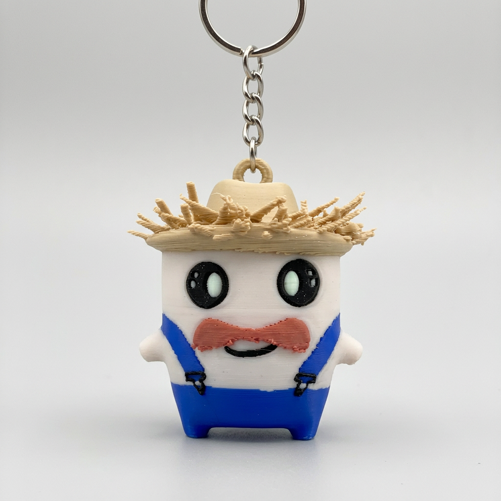 Character keychain with blue overalls and straw-style hat