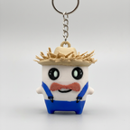 Character keychain with blue overalls and straw-style hat