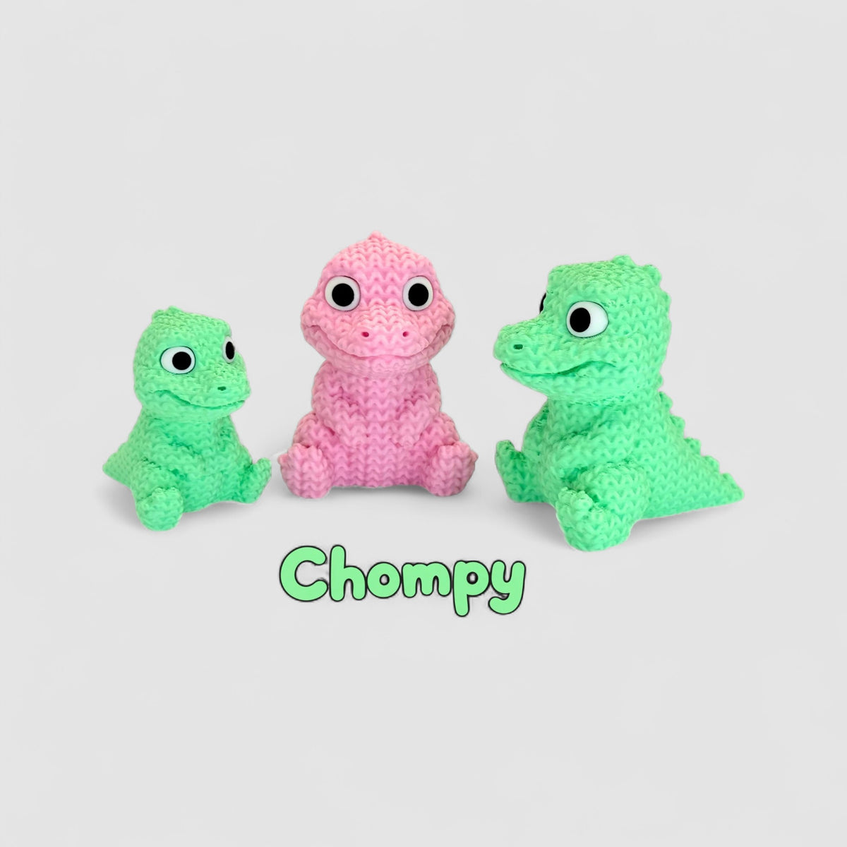 Chompy the Knitted Crocodile, 3D printed figure on grey background | sgc-photo-v1