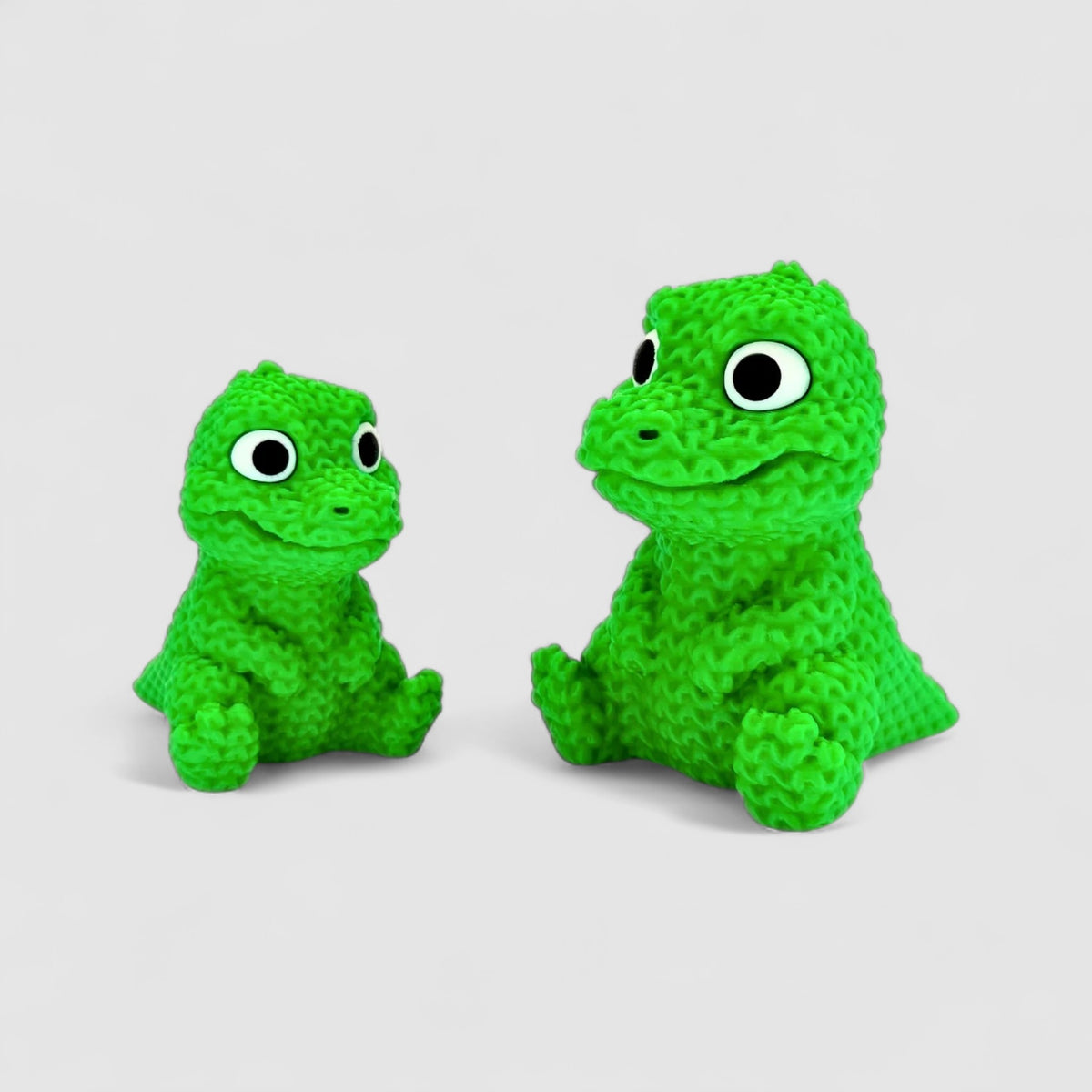 Chompy the Knitted Crocodile, 3D printed figure on grey background | sgc-photo-v1