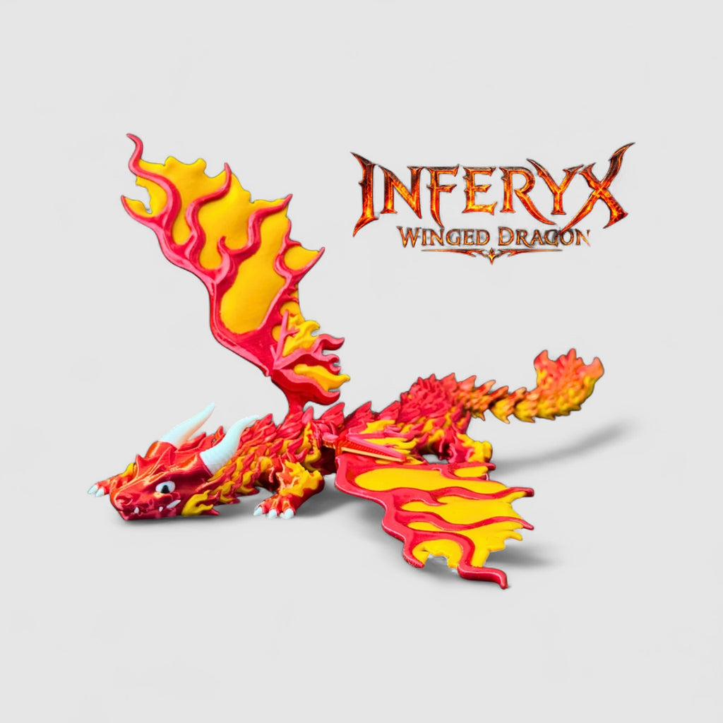 Ember Flame Winged Dragon, 3D printed figure on grey background | sgc-photo-v1