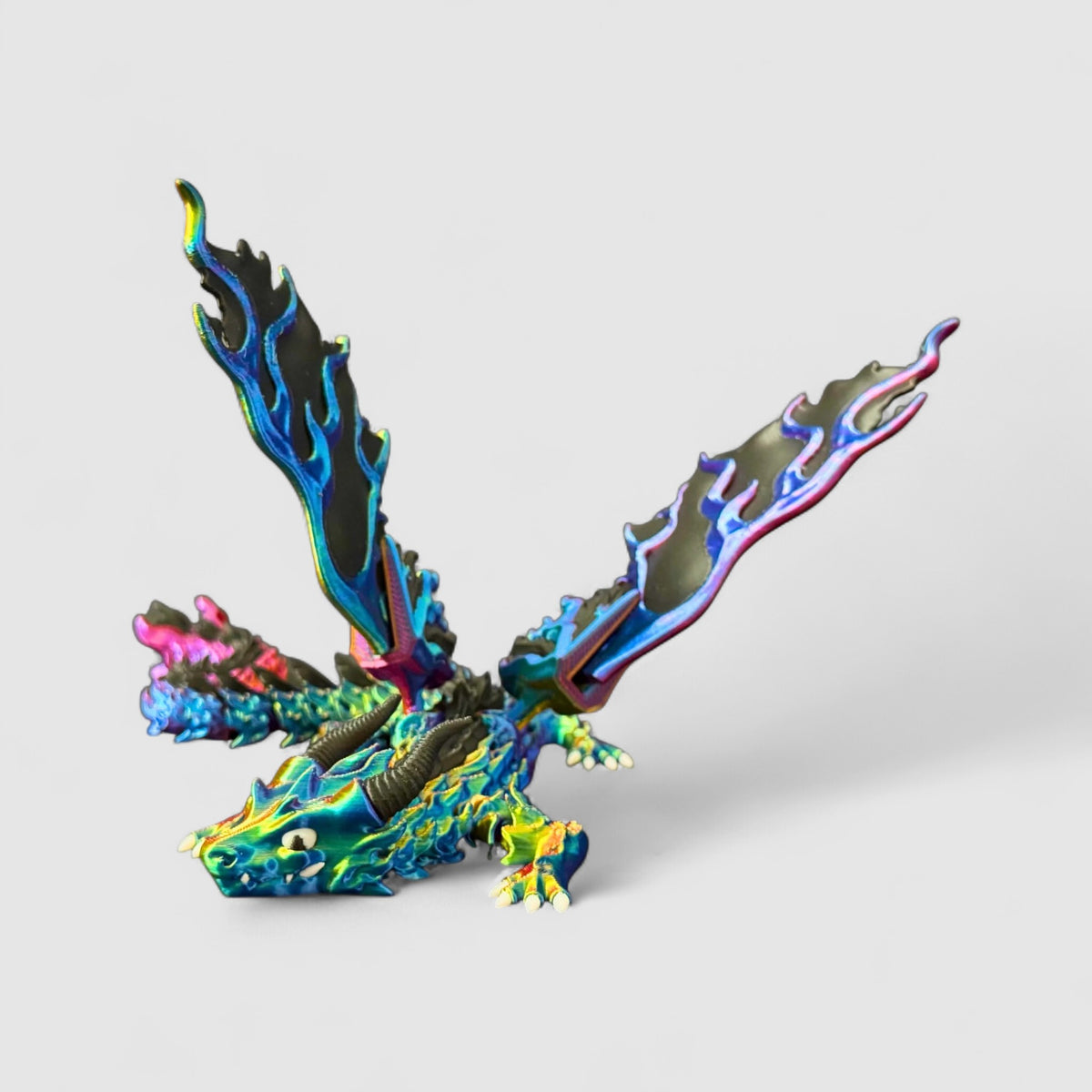 Ember Flame Winged Dragon, 3D printed figure on grey background | sgc-photo-v1