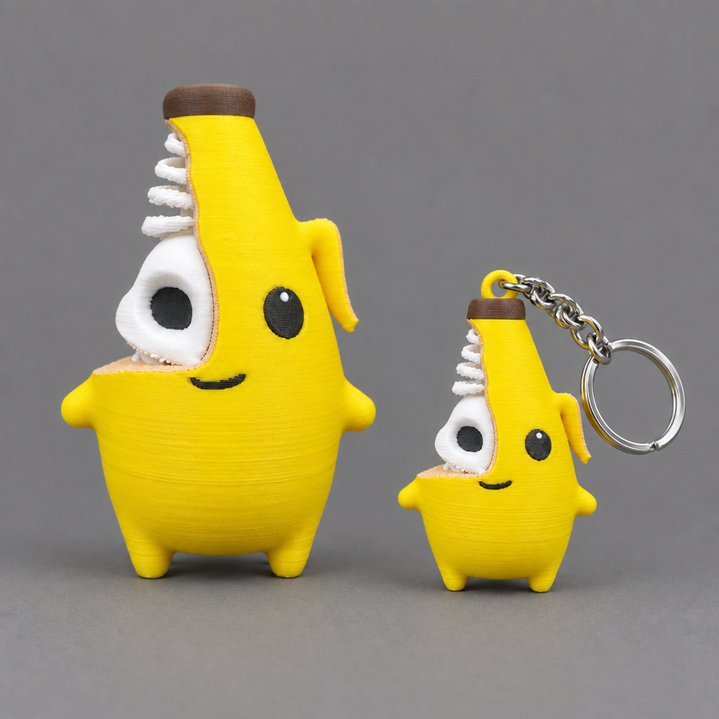 Banana Skeleton Sprite collectible – Original (yellow with white skull and brown cap) – 3.5" Tall shown beside the Keychain | sgc-photo-ok