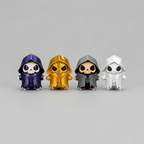 Four hooded figures on a grey background, square 1:1