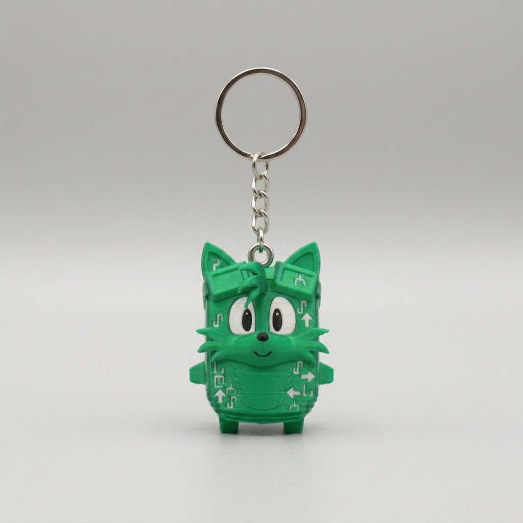 Green keychain by itself on a grey background, square mockup