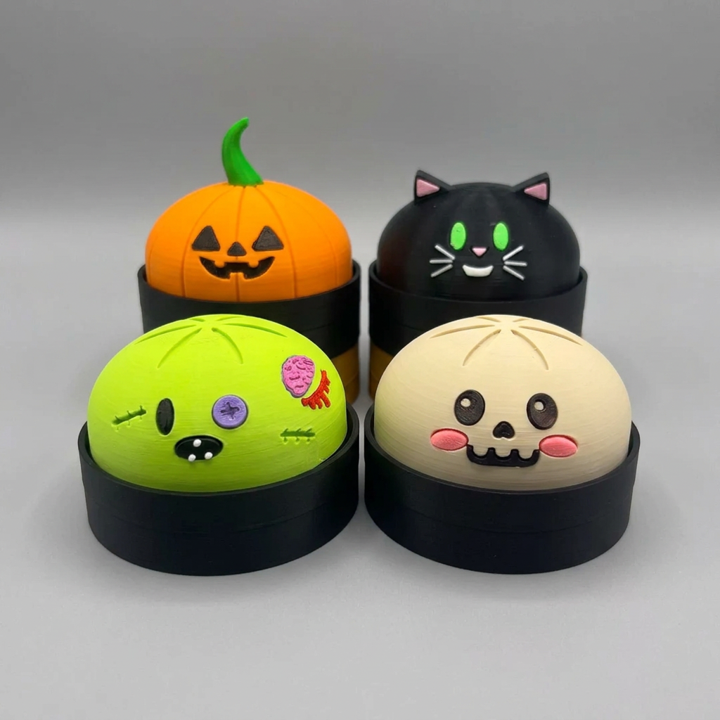 Group of four dump figures on grey background