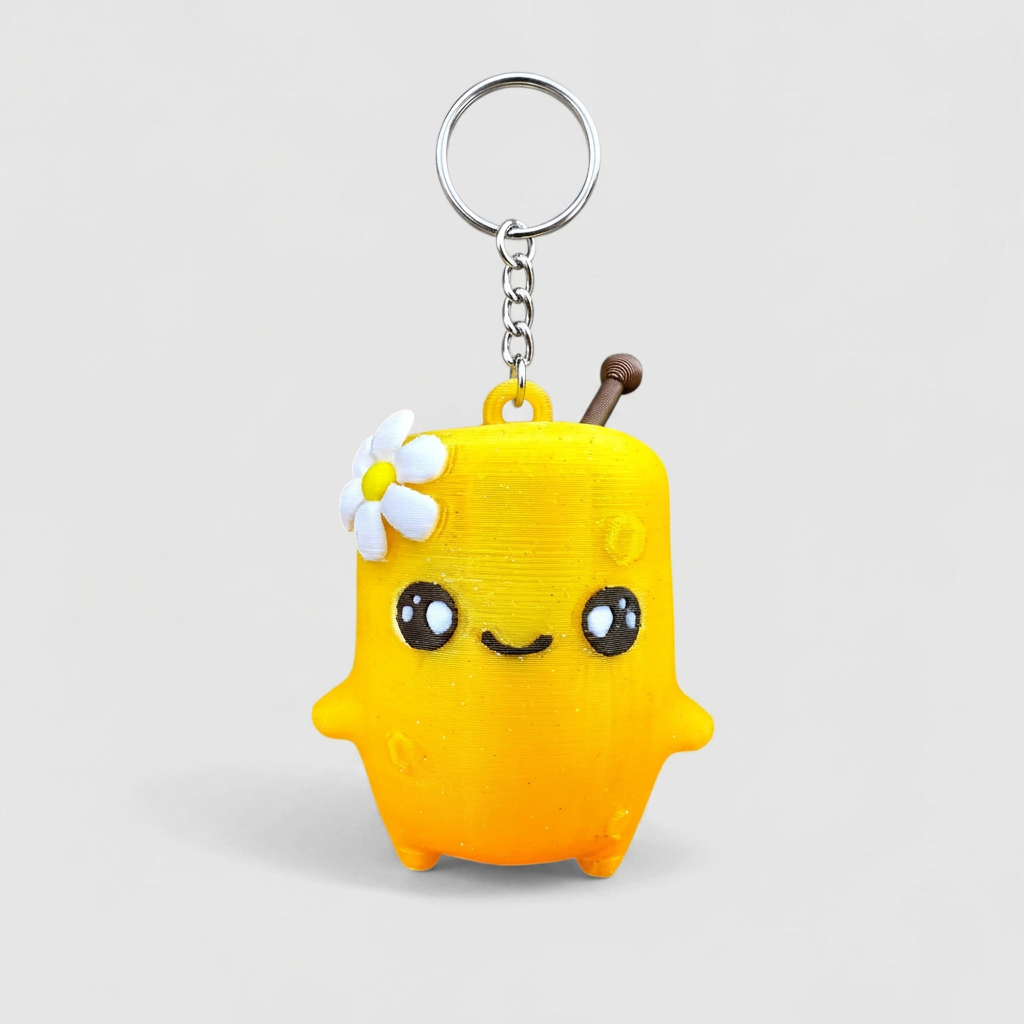 Honey keychain mockup on a grey background, square 1:1