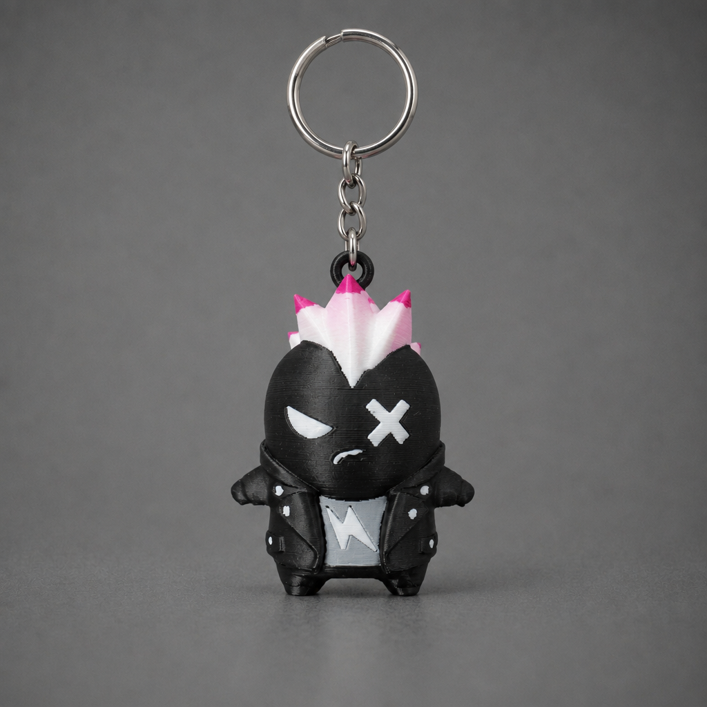 Black Punk figure keychain with white bolt and pink-tipped spikes | sgc-photo-ok