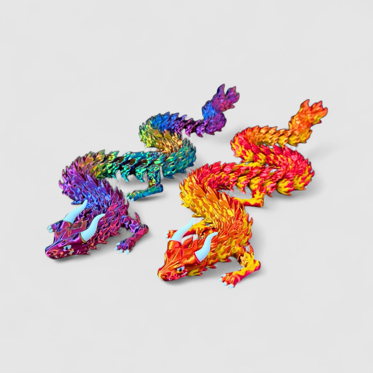 Inferno Flame Articulated Dragon, 3D printed figure on grey background | sgc-photo-v1