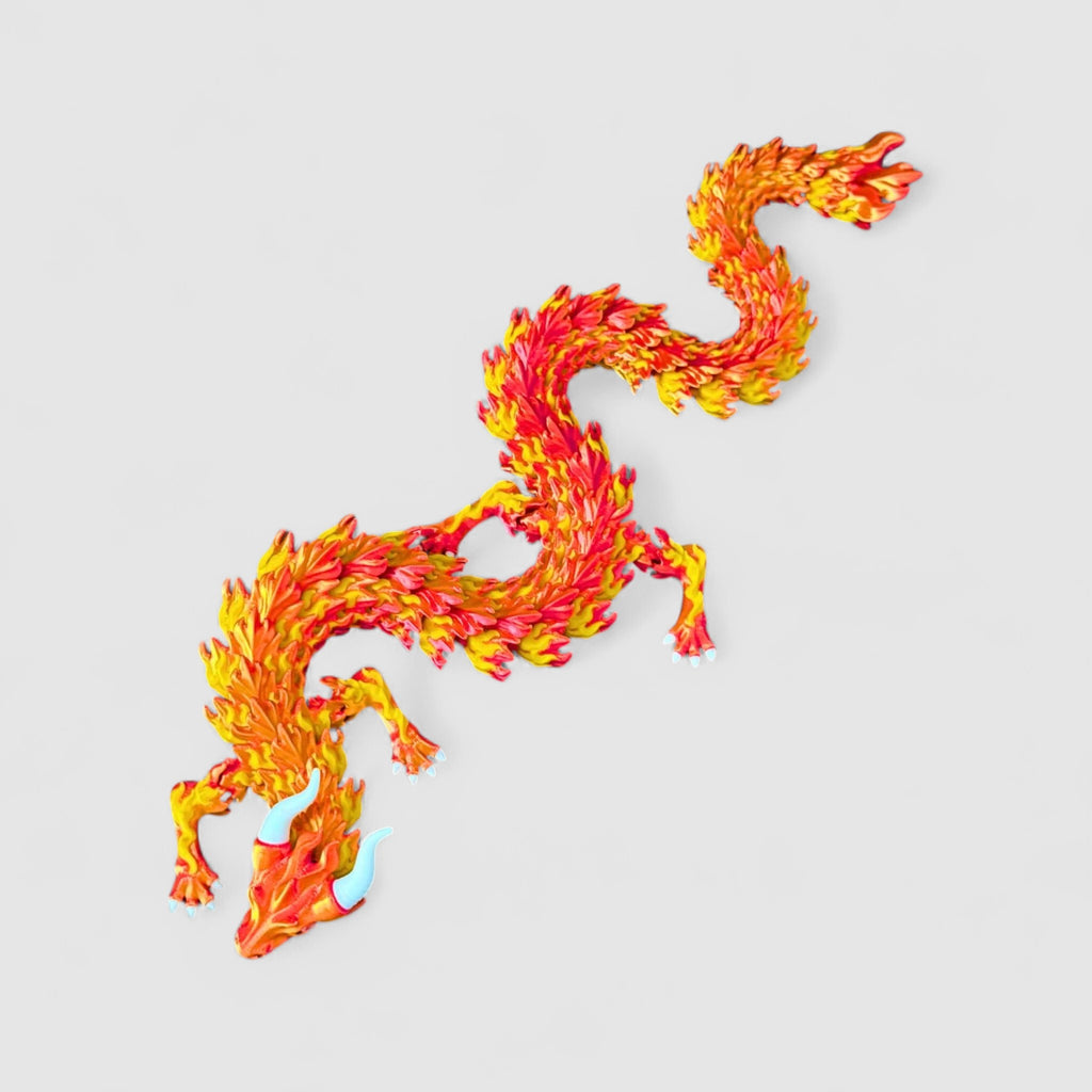 Inferno Flame Articulated Dragon, 3D printed figure on grey background | sgc-photo-v1