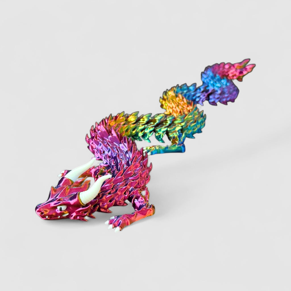 Inferno Flame Articulated Dragon, 3D printed figure on grey background | sgc-photo-v1