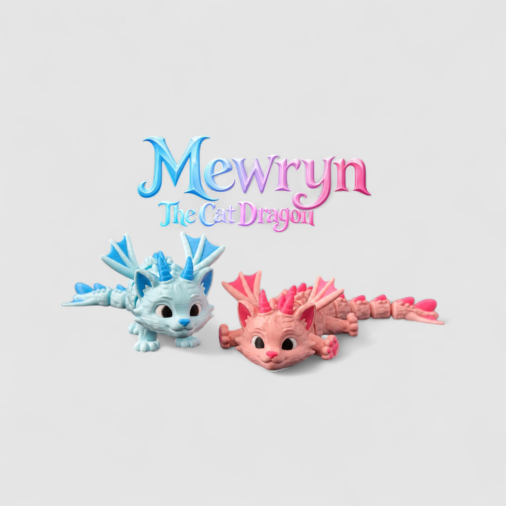 Mewryn the Cat Dragon, 3D printed figure on grey background | sgc-photo-v1