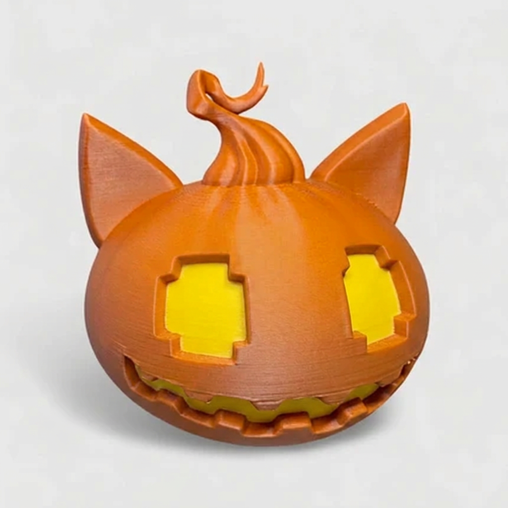 Orange cat pumpkin with yellow eye and mouth interiors