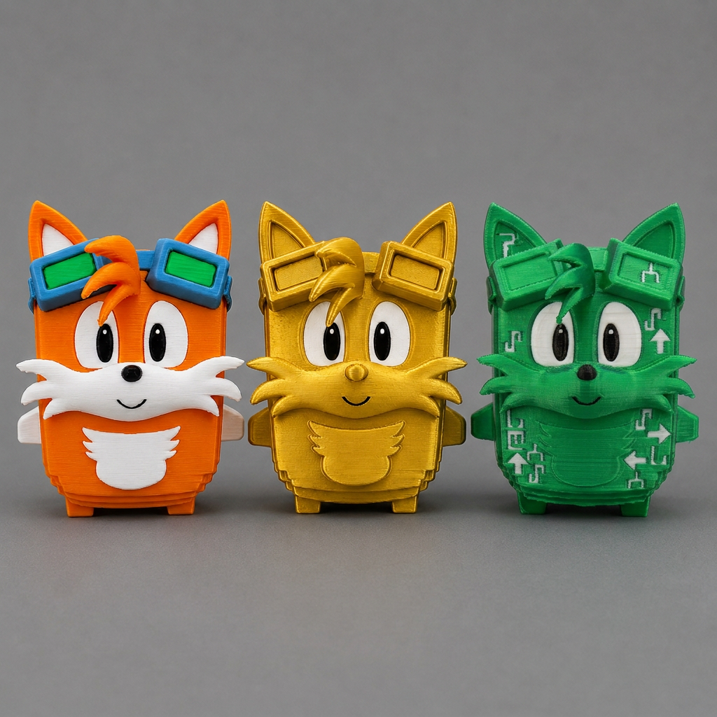 Orange, gold, and updated green figures on a grey background