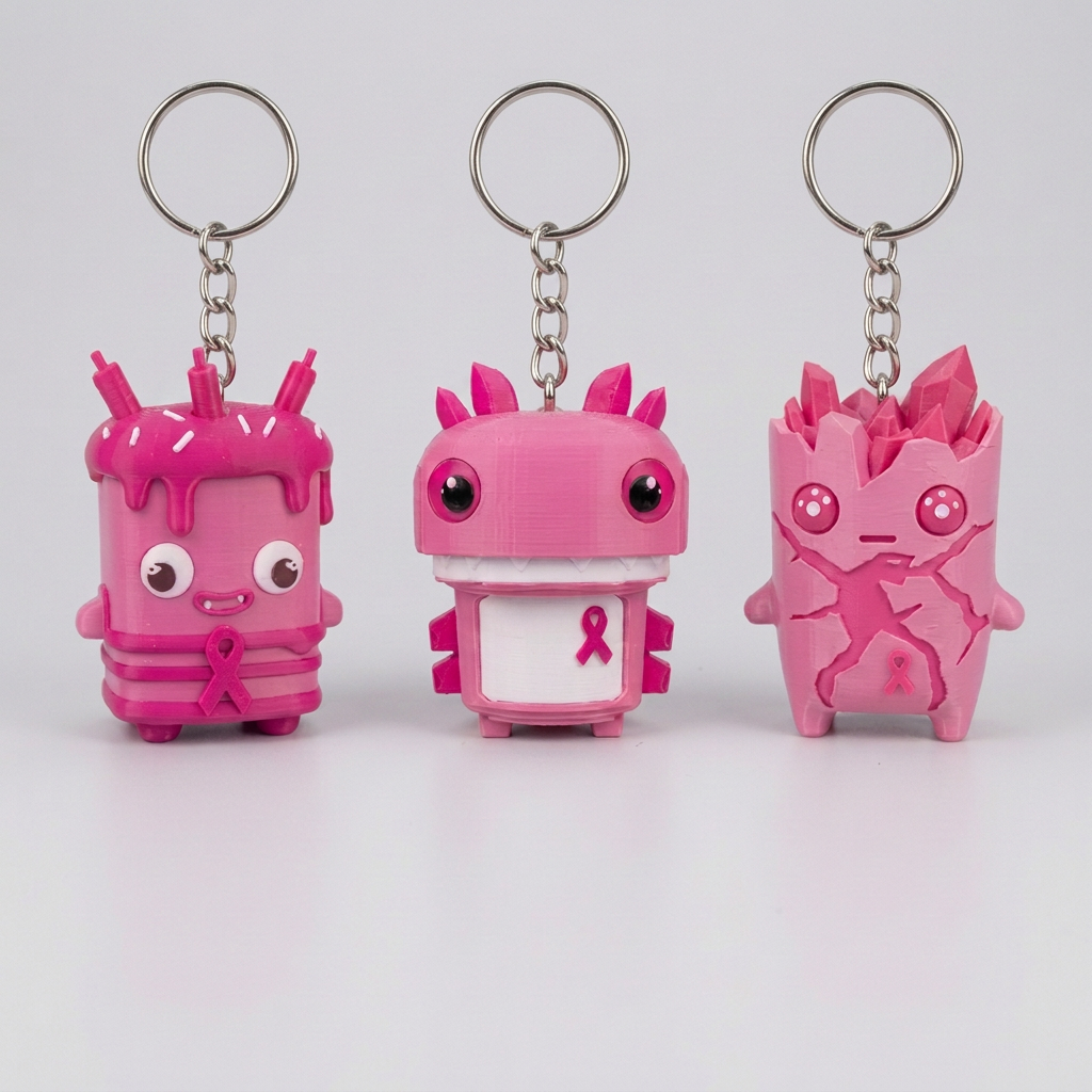 Original three pink characters with keychain hardware added