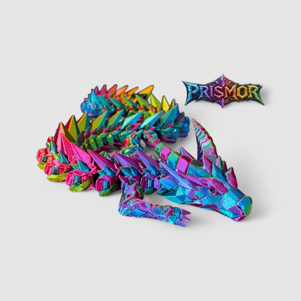 Prismor Crystal Stone Dragon, 3D printed figure on grey background | sgc-photo-v1