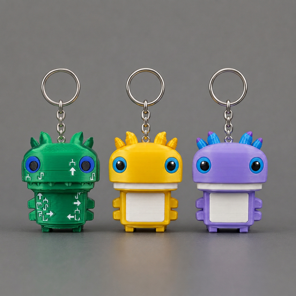 Revised keychain group matching the existing photo’s upright figures and rings above their heads