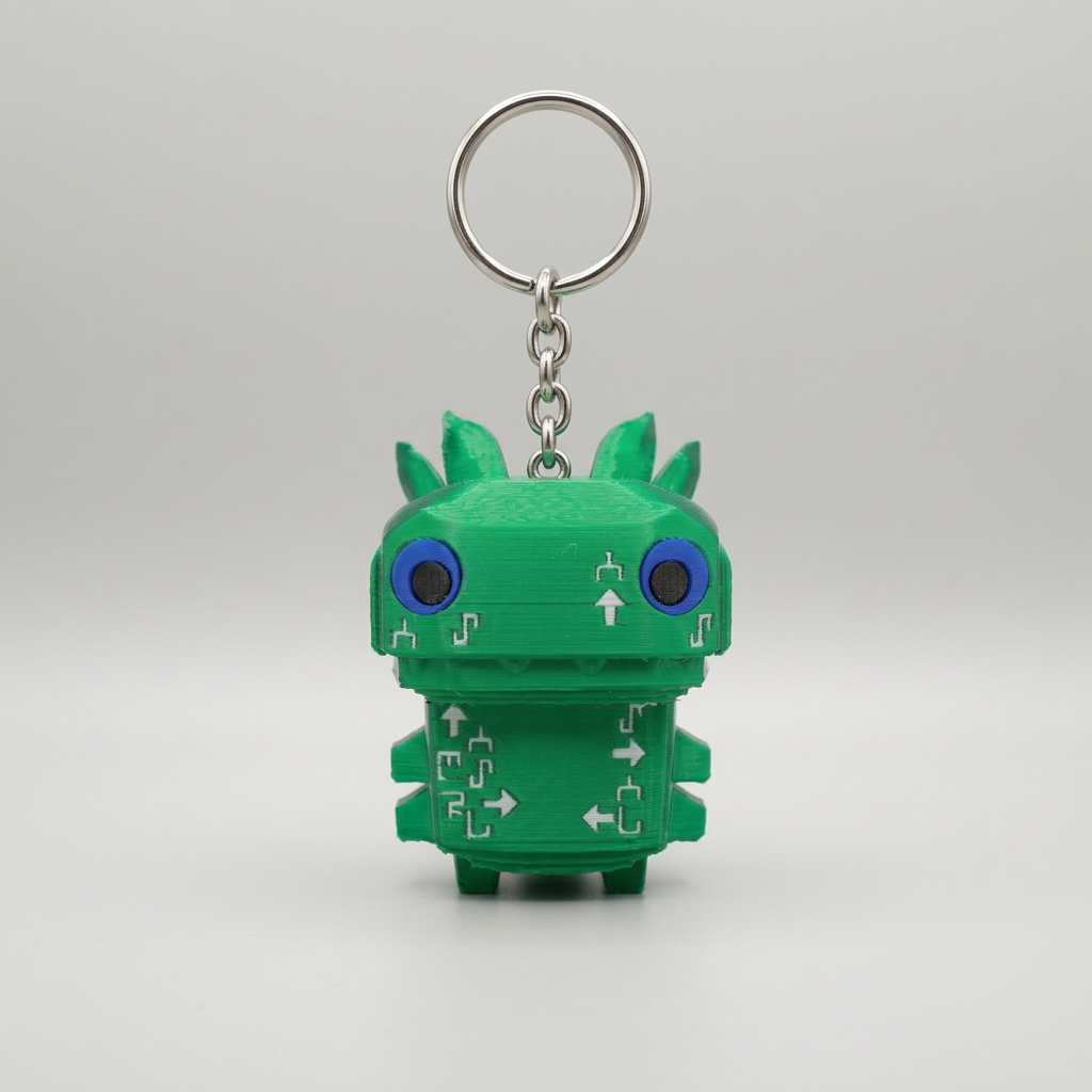 Standalone green keychain mockup on a grey background, square 1:1
