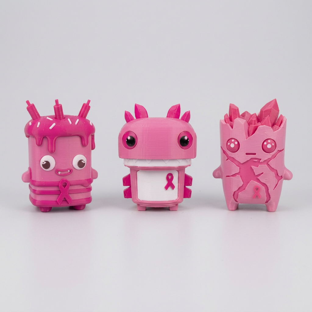 Three pink characters in a square group photo